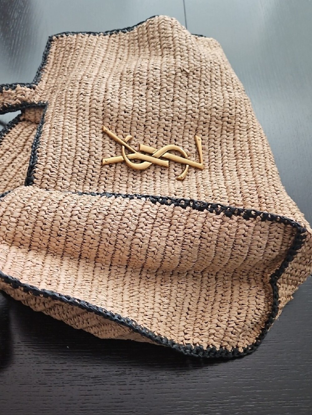 Raffia Satchel Tote in Tan with Black Trim and Gold Logo-Designer Inspired - Picture 7 of 10